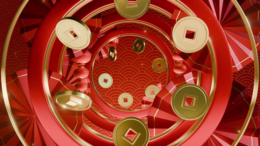 Dynamic red and gold background featuring traditional Chinese coins, lanterns, and festive patterns in a tunnel-like perspective.