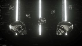 4K Loop rotate skull is displayed on a screen with glitch effects and a reflective surface, creating a futuristic and eerie atmosphere. - Powered by Shutterstock - Get 15% off with code: PIKWIZARD15