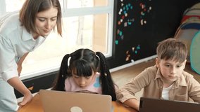Smart teacher checking student answer while learner using laptop to doing homework, analysis data, programing engineering code and prompt, studying computer system at STEM technology class. Erudition. - Powered by Shutterstock - Get 15% off with code: PIKWIZARD15