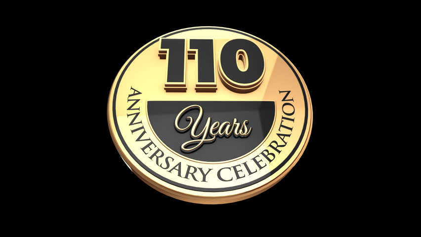 110 years, 110th anniversary logo, loop, looped video in 3D Gold with Alpha channel, isolated transparent background