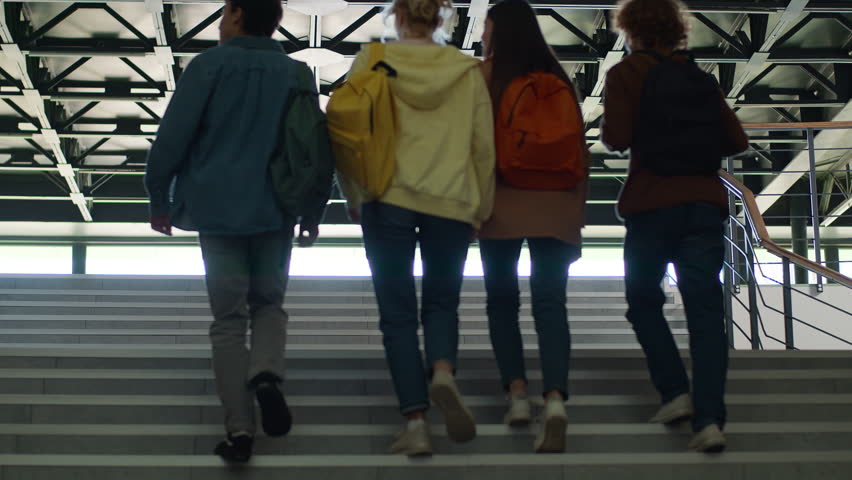 Group of students pupils teenagers friends girls boys guys women men female male schoolboys schoolgirls walking together walk go school academy university going up stairs to class education back view