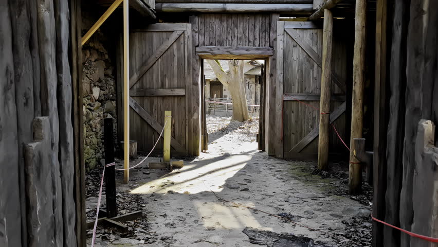 Sunlit view of a rustic wooden gateway leading to an outdoor area with trees