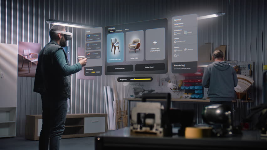 Modern workshop: Professional craftsman or designer in AR headset assembles chair in virtual space using software with AI-based user interface. 3D rendering of holographic furniture. Augmented reality