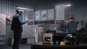 Modern workshop: Professional craftsman or designer in AR headset assembles chair in virtual space using software with AI-based user interface. 3D rendering of holographic furniture. Augmented reality - Powered by Shutterstock - Get 15% off with code: PIKWIZARD15