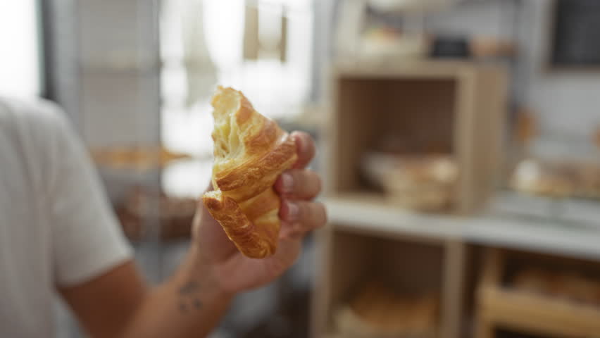 Young man enjoying a bite of a croissant in a cozy bakery interior with shelves of baked goods in the background