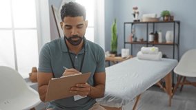Young man writing on a clipboard in a clinic room with white chairs, a massage table, and shelves in the background - Powered by Shutterstock - Get 15% off with code: PIKWIZARD15