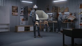 Modern workshop: Professional artisan or designer wearing VR headset assembles chair using extended reality and app with AI user interface. 3D graphics of holographic virtual furniture. VFX animation. - Powered by Shutterstock - Get 15% off with code: PIKWIZARD15