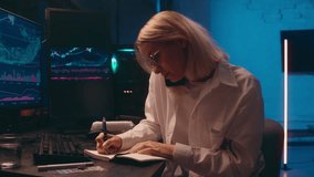 Caucasian woman investor businesswoman business analyst girl multitasking female trader crypto currency trading bitcoin computer screen online stock chart trend analyze write talk mobile phone night - Powered by Shutterstock - Get 15% off with code: PIKWIZARD15