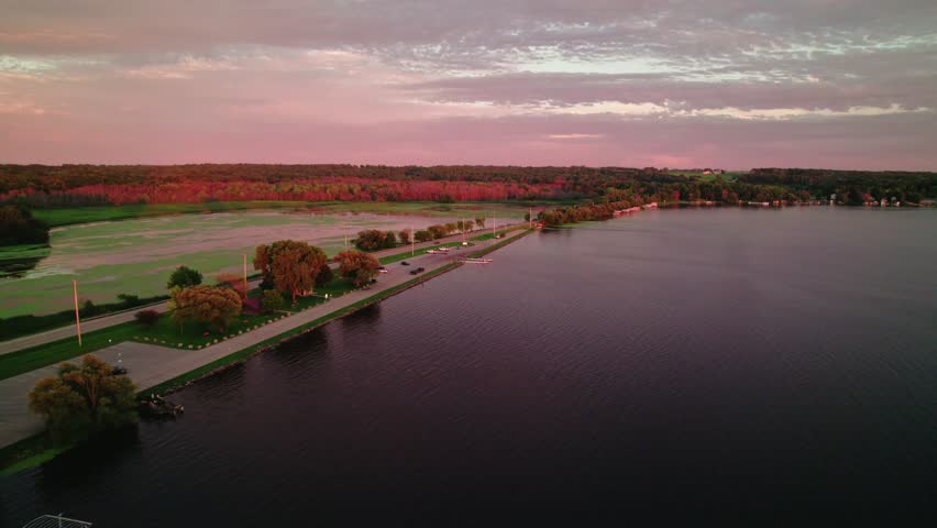 Green Lake, Wisconsin Landscape. Sunset aerial, Pink clouds.