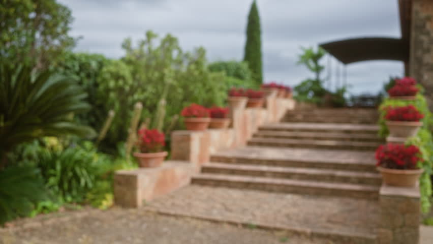 Defocused outdoor steps in mallorca with lush greenery and vibrant red flowers in terra cotta pots under a cloudy sky