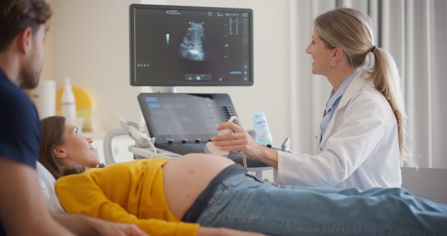 Obstetrician Performing Ultrasound on Pregnant Woman while Partner Sitting Close By, Holding Her Hand and Watching at the Screen. Doctor Using Advanced Equipment to Examine Fetus on Computer Display