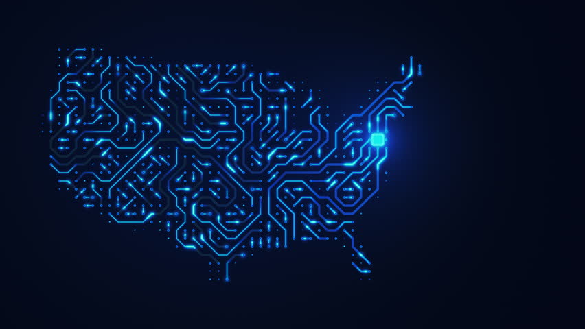 USA - country map, circuit board, digital tech background. Seamless loop.