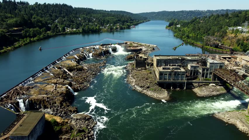 USA, OR, Oregon City, Willamette Falls, 2024-07-23 - Flying over the old buildings at the falls and the main dam.