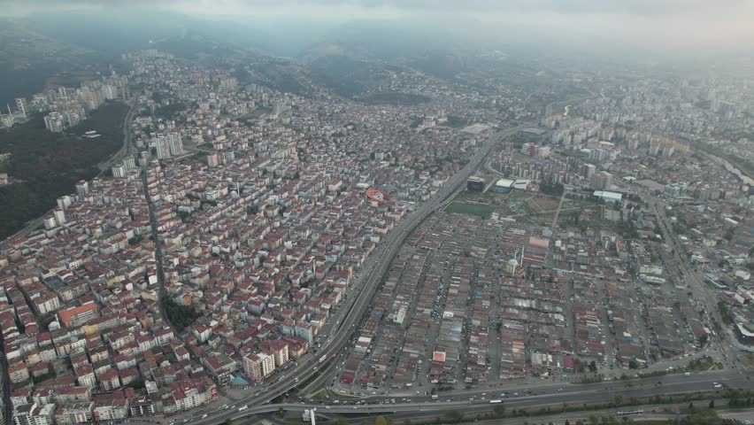 Aerial city center and port at night. Samsun, Turkey