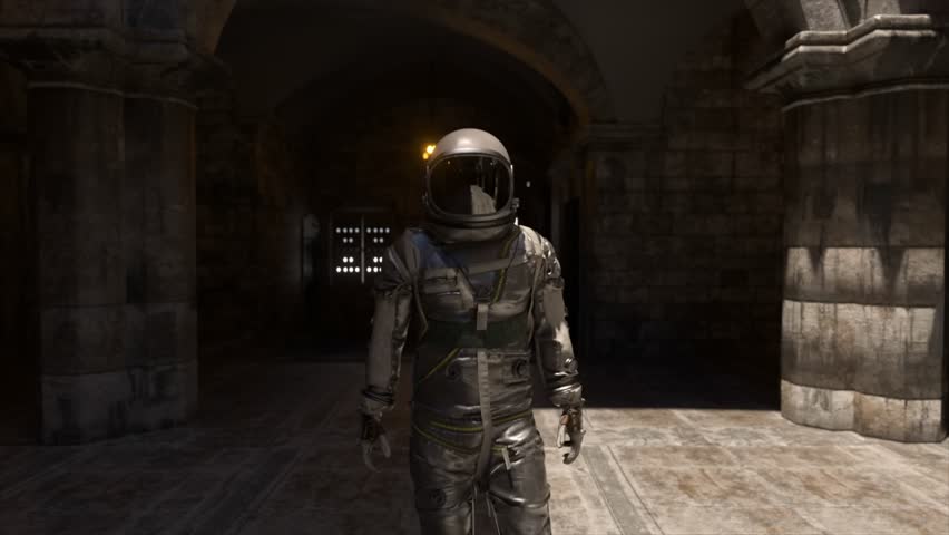 Astronaut navigates through the ruins of an ancient stone building, featuring impressive arches and columns, evoking a sense of adventure and mystery in a forgotten civilization. 3D Illustration
