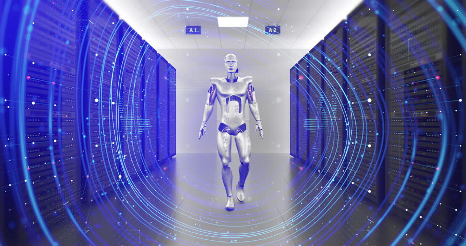Futuristic Robot Walking In The Server Room. High Tech Robot. Technology Related 3D Animation.