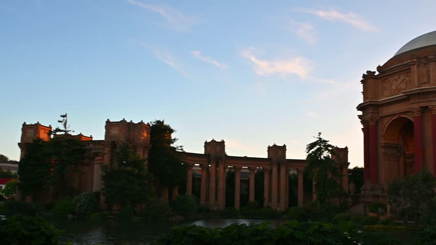 Sunset time view - Palace of Fine Art monumental in San Francisco California, United States travel 4k video