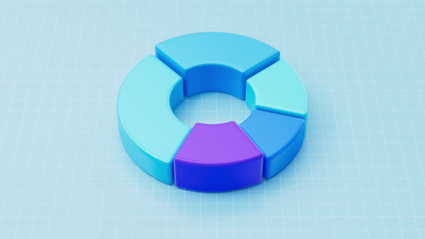 3D blue rotating donut Pie chart with colorful segments. Information graphic. Financial visualization. 3d render looped
