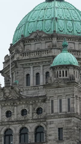 Morning video without people. Domes, top of Parliament House in Victoria, British Columbia, Canada.