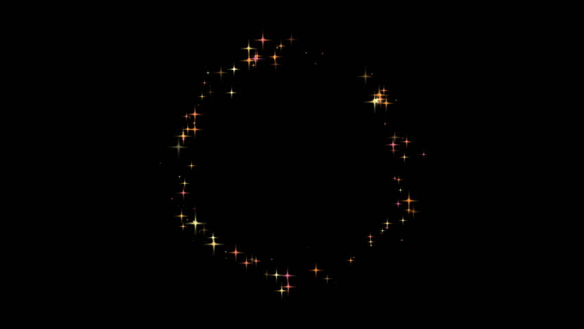 Stars gold magic sparkles circle isolated looping on black background.
