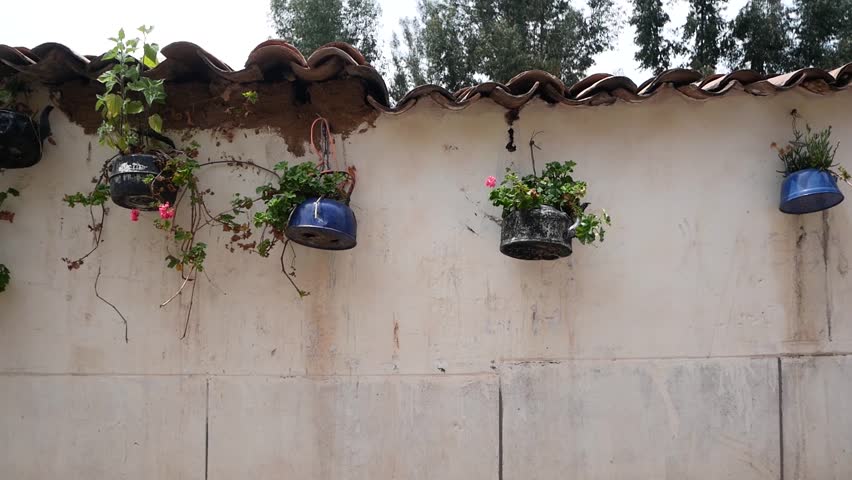 Teapots with Flowers Hanging on the Wall of a House in the Neighborhood of San Blas, in Cusco, Peru