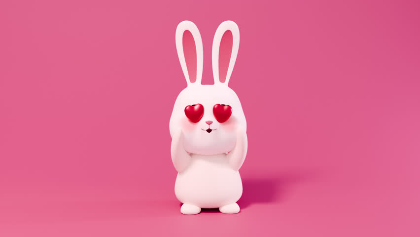 Cute little bunny with hearts in the eyes. 3d render looped animation. Saint Valentine's Day celebration, love, romantic concept. smiling character, kawaii face, cartoon style
