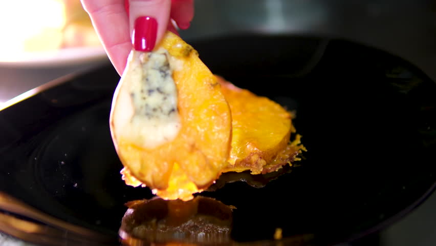 baked pear with blue cheese Top view of fruit dessert with baked pears, caramel sauce, cream cheese and almond flakes - Powered by Shutterstock - Get 15% off with code: PIKWIZARD15