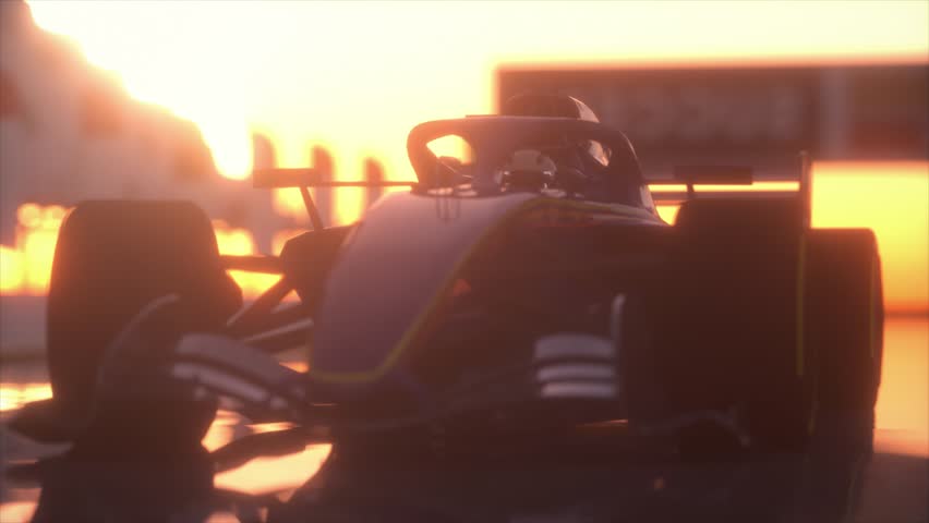 Close-up of a racer car driver wearing a protective helmet and zoom out to a track. The sun on the background