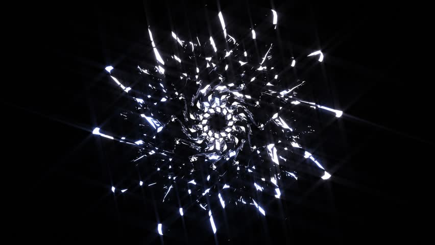 3d render of abstract art loop animation video with transform rotating fractal diamond crystal alien star flower in curve lines forms in glass material with color dispersion effect on black background