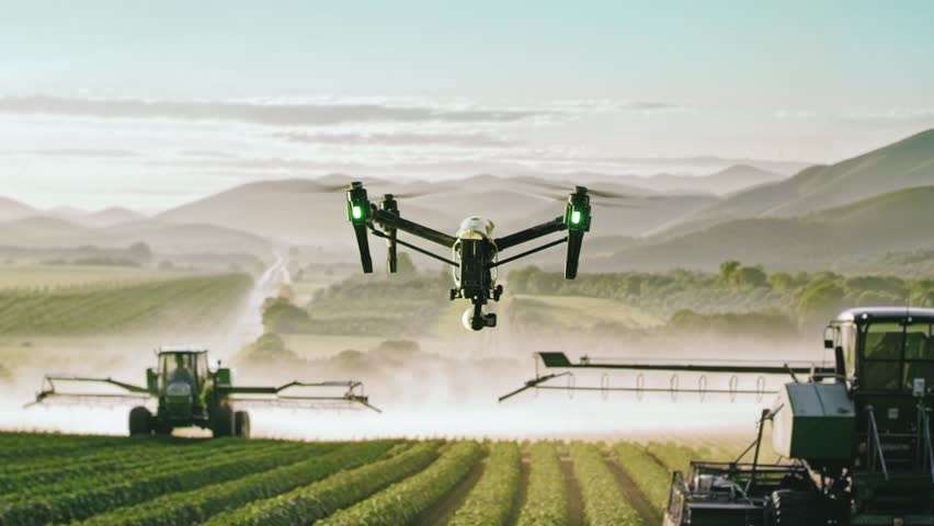 Agricultural Drone Flying Above Farm Field Smart Farming Technology Modern Agriculture