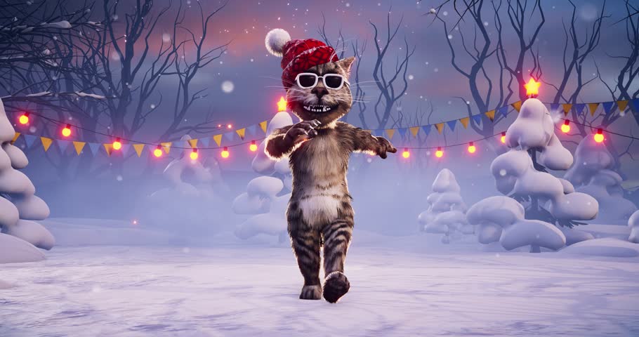 Funny cat dances in a Santa Claus hat on a festive Christmas background. Snow-covered landscape with decorated Christmas trees. Animated video for holiday cards, festive events, and New Year's parties