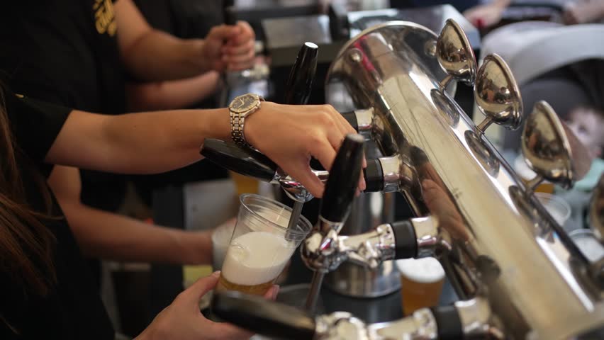 Bartender pours draft beer at bar. Concept of beer bar.
