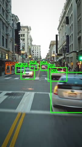 Driverless car driving through a San Francisco streets. Computer vision with object detection system that creates boxes to recognize the different objects. Artificial intelligence technology.