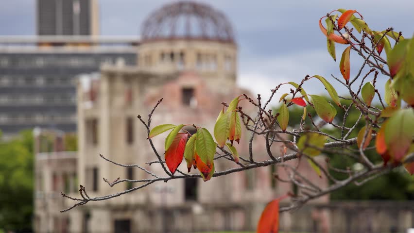 Hiroshima, skyline city view with Atomic Bomb Dome, Peace memorial park with A-Bomb Genbaku Dome, Hiroshima prefecture, Japan, in a sunny fall autumn day view