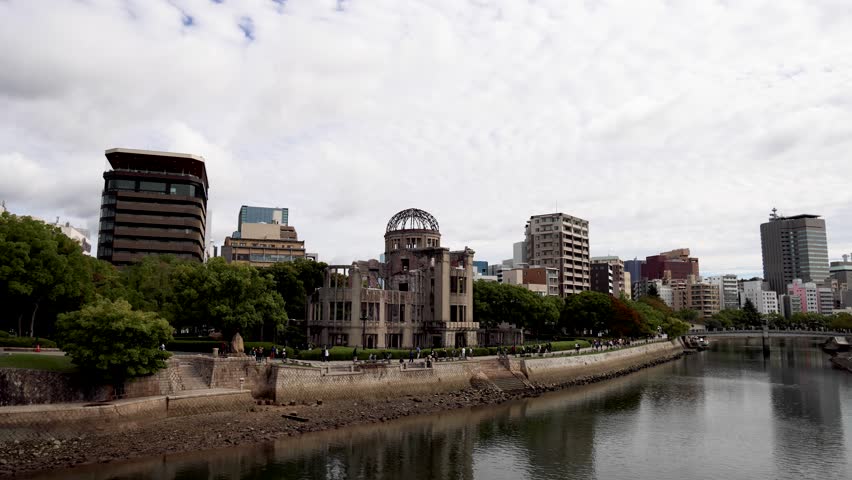 Hiroshima, skyline city view with Atomic Bomb Dome, Peace memorial park with A-Bomb Genbaku Dome, Hiroshima prefecture, Japan, in a sunny fall autumn day view