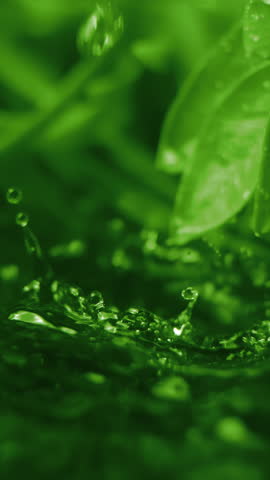 Slow motion macro vertical video of water droplet falling from fresh green leaf. Herb skin care medicine concept. Herbal essence dropping from leaf. Organic serum drop or green tea tree oil extract
