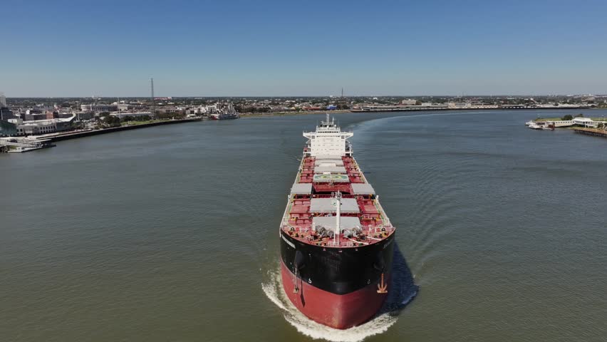 Tanker cruising through New Orleans on the mighty Mississippi River