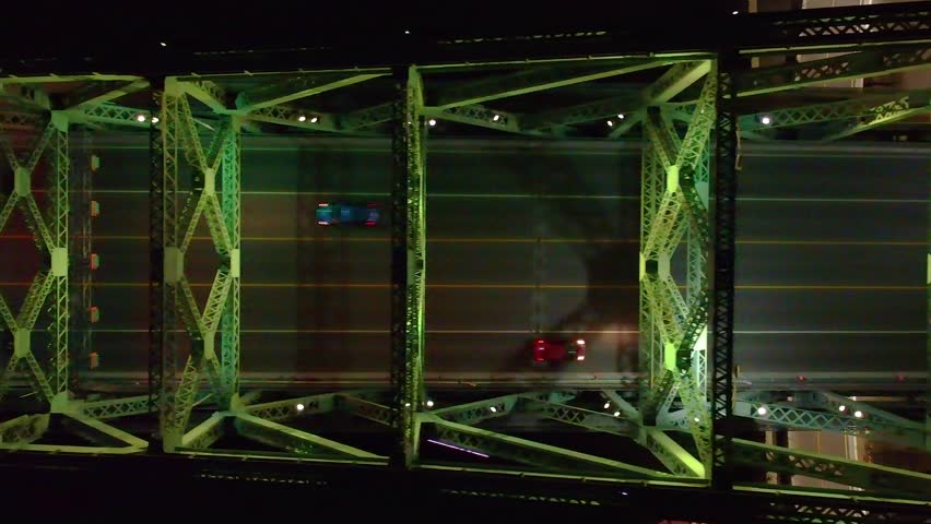 Top Down Aerial View of Busy Night Traffic on Old Steel Bridge, Montreal, Canada, Jacques Cartier Bridge