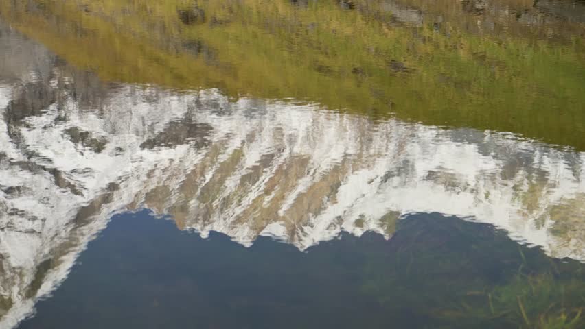 Snowcapped Mountains Reflection Close Up, High Altitude Lake Reflecting Himalayas Mountains in Calm Still Water on Popular Trekking and Hiking Route of Annapurna Circuit in Nepal
