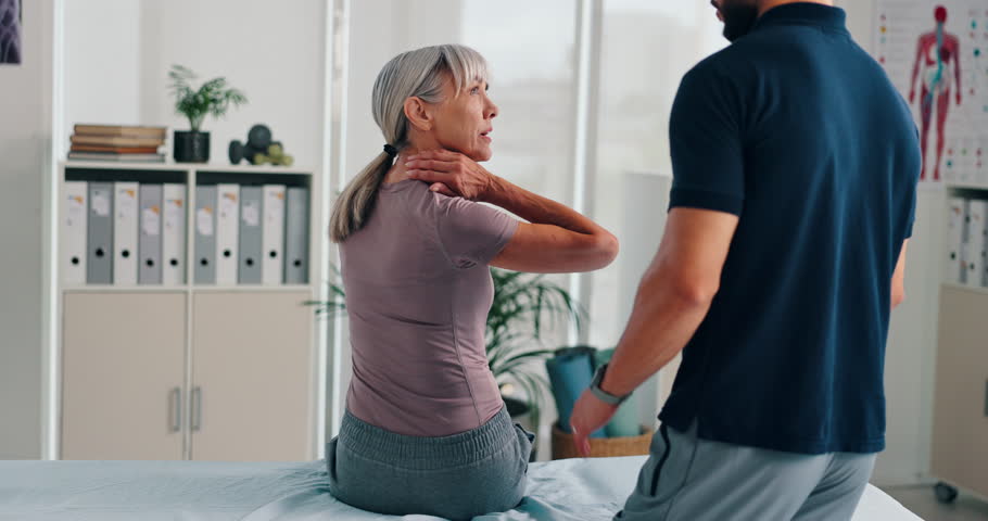 Neck pain, physiotherapy and man with mature woman for rehabilitation, recovery and medical service. Healthcare, consulting and chiropractor with patient for physical therapy, support and wellness