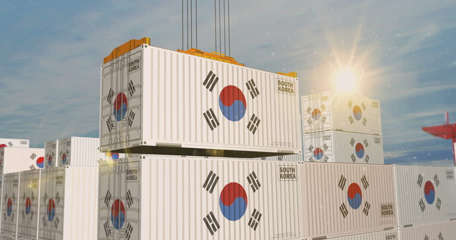 South Korea export production and import containers cargo crane. Business concept of transport, loading and shipping with a South Korean flag.