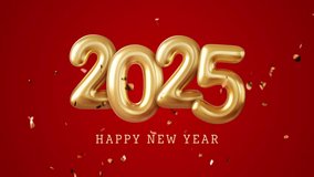 Happy New Year 2025 golden foil balloons on Red background with beautiful 3D golden confetti. Happy New Year celebration concept. Year 2025. - Powered by Shutterstock - Get 15% off with code: PIKWIZARD15