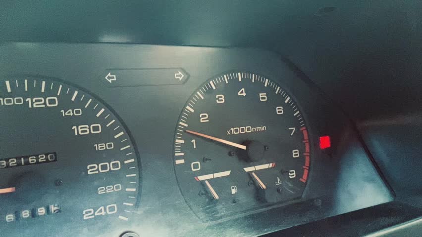 Close Up of speedometer on the car dashboard. shows acceleration speed in RPM