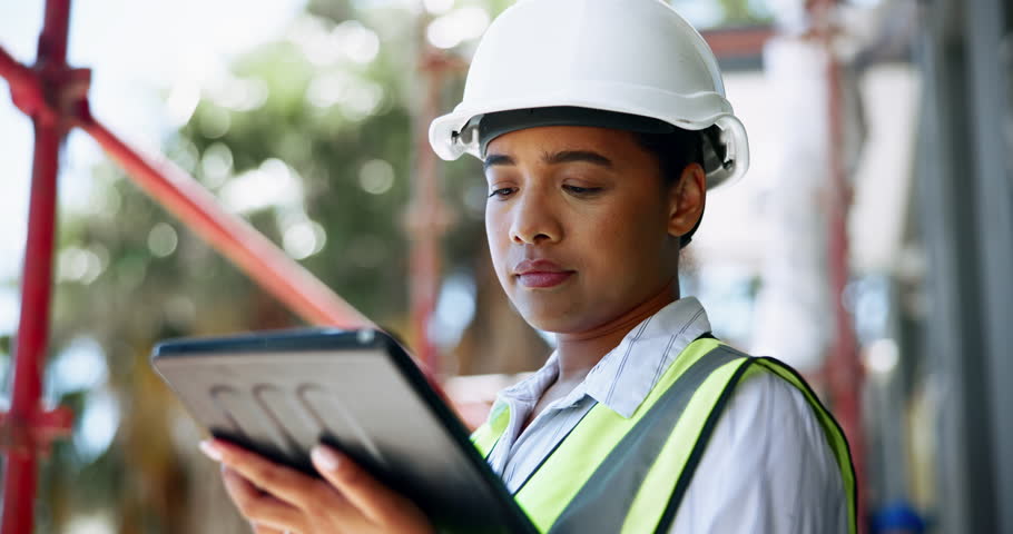Outdoor, woman and thinking with tablet at construction site for inspection, quality control and maintenance. Female person, employee and ideas with internet connection for infrastructure project