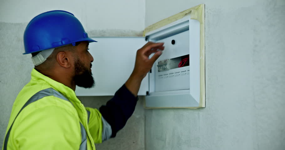 Fuse box, inspection and electrician man for electricity, power supply and maintenance with main circuit breaker. Engineer, technician and worker with handyman, electrical fix and substation repairs