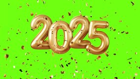Happy New Year 2025 golden foil balloons on white background with beautiful 3D golden confetti. Happy New Year celebration concept. Year 2025.  - Powered by Shutterstock - Get 15% off with code: PIKWIZARD15