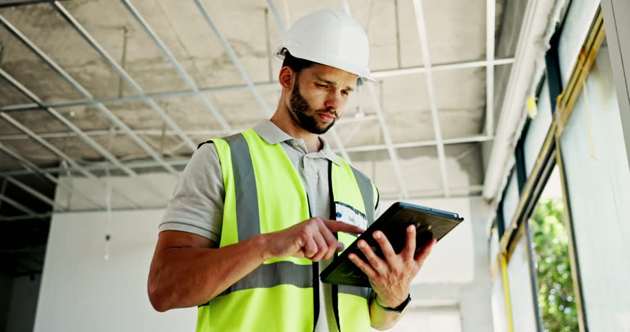 Engineer, man and site inspection with tablet for progress report, safety management and quality assurance. Construction project, supervisor and digital planning for risk assessment and maintenance