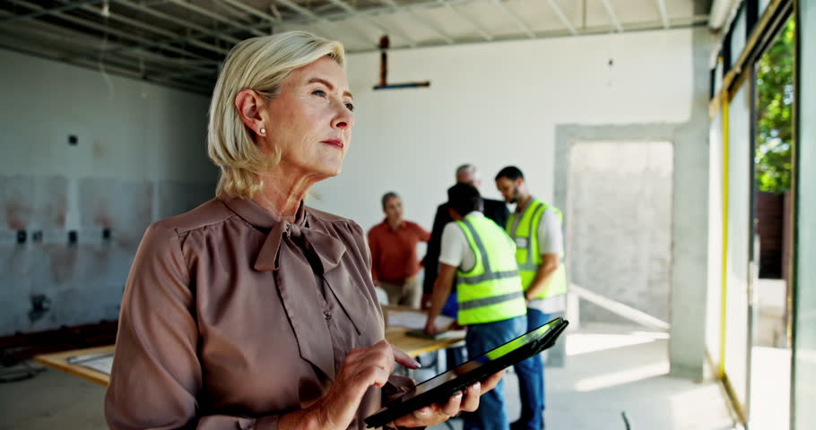 Architect, mature woman and tablet on site for digital blueprint review, compliance check or project management. Construction, person or checklist for building inspection, quality control or progress
