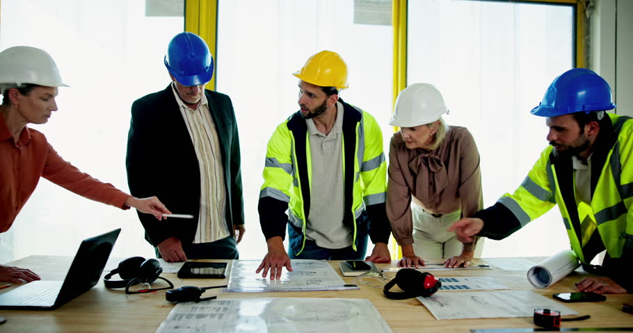 Discussion, industry and construction team on site with blueprint for building maintenance. Meeting, collaboration and group of civil engineers work on architecture project for property development.