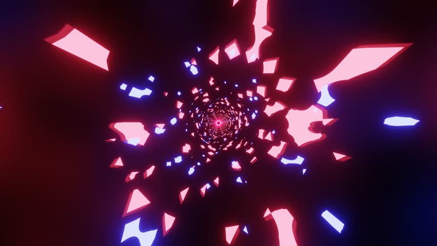 A vibrant, swirling tunnel of red and blue shapes, creating a sense of depth and movement.